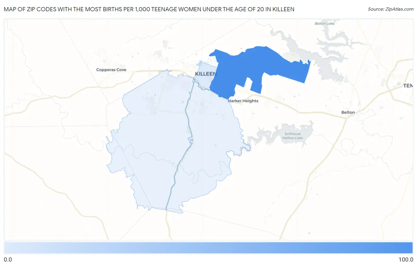 Zip Codes with the Most Births per 1,000 Teenage Women Under the Age of 20 in Killeen Map