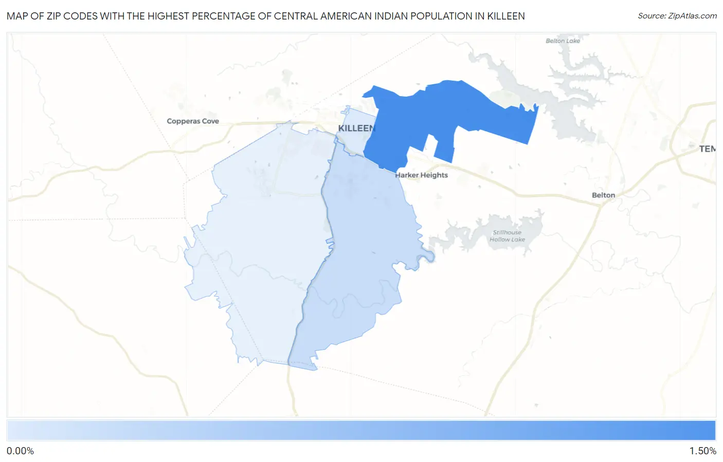 Zip Codes with the Highest Percentage of Central American Indian Population in Killeen Map