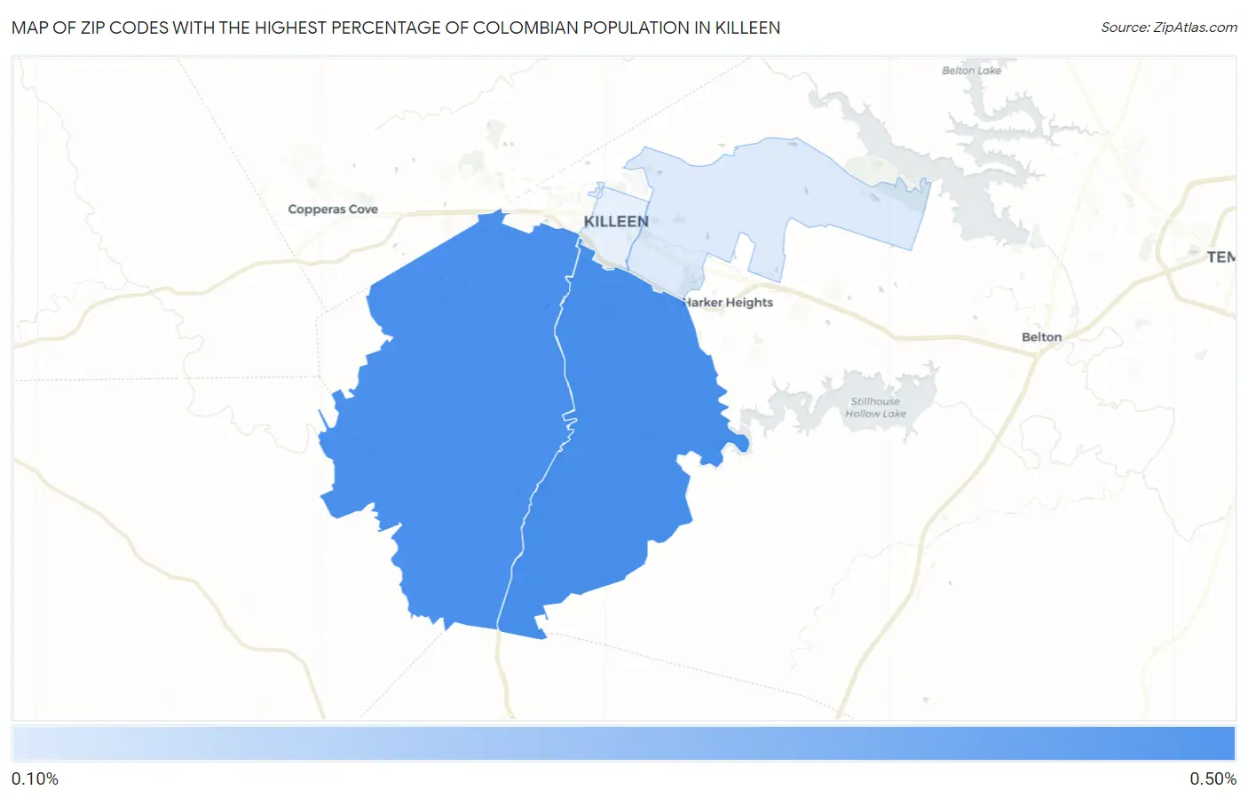 Zip Codes with the Highest Percentage of Colombian Population in Killeen Map