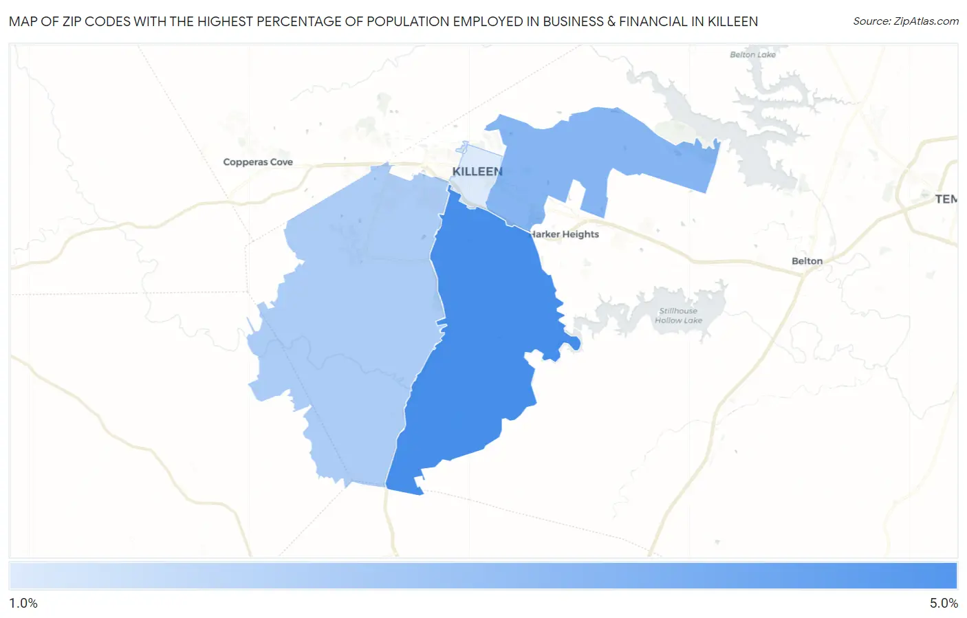 Zip Codes with the Highest Percentage of Population Employed in Business & Financial in Killeen Map