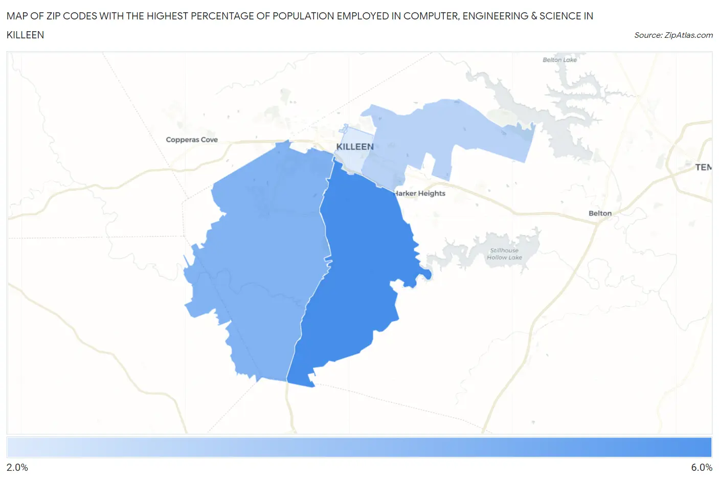 Zip Codes with the Highest Percentage of Population Employed in Computer, Engineering & Science in Killeen Map