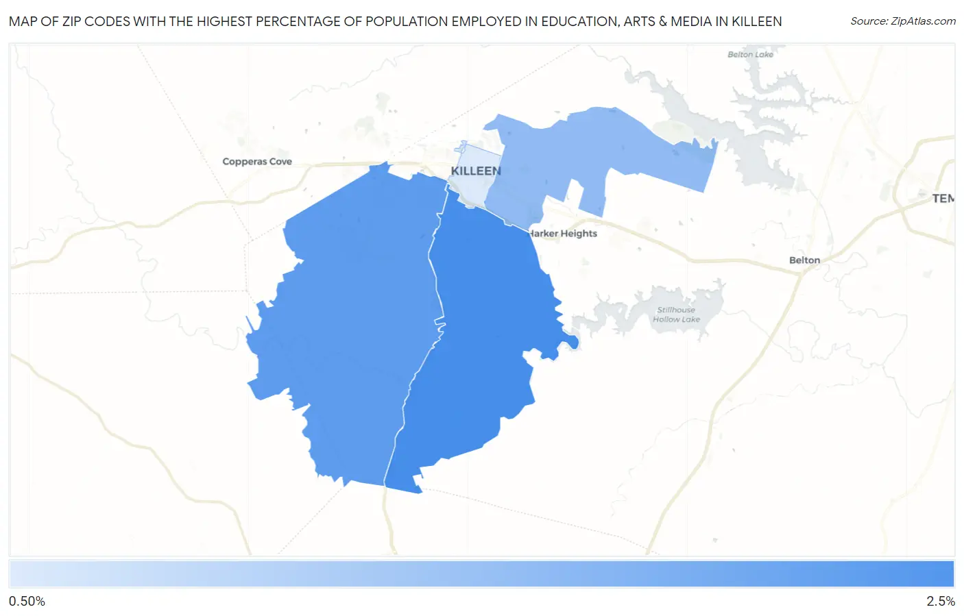 Zip Codes with the Highest Percentage of Population Employed in Education, Arts & Media in Killeen Map