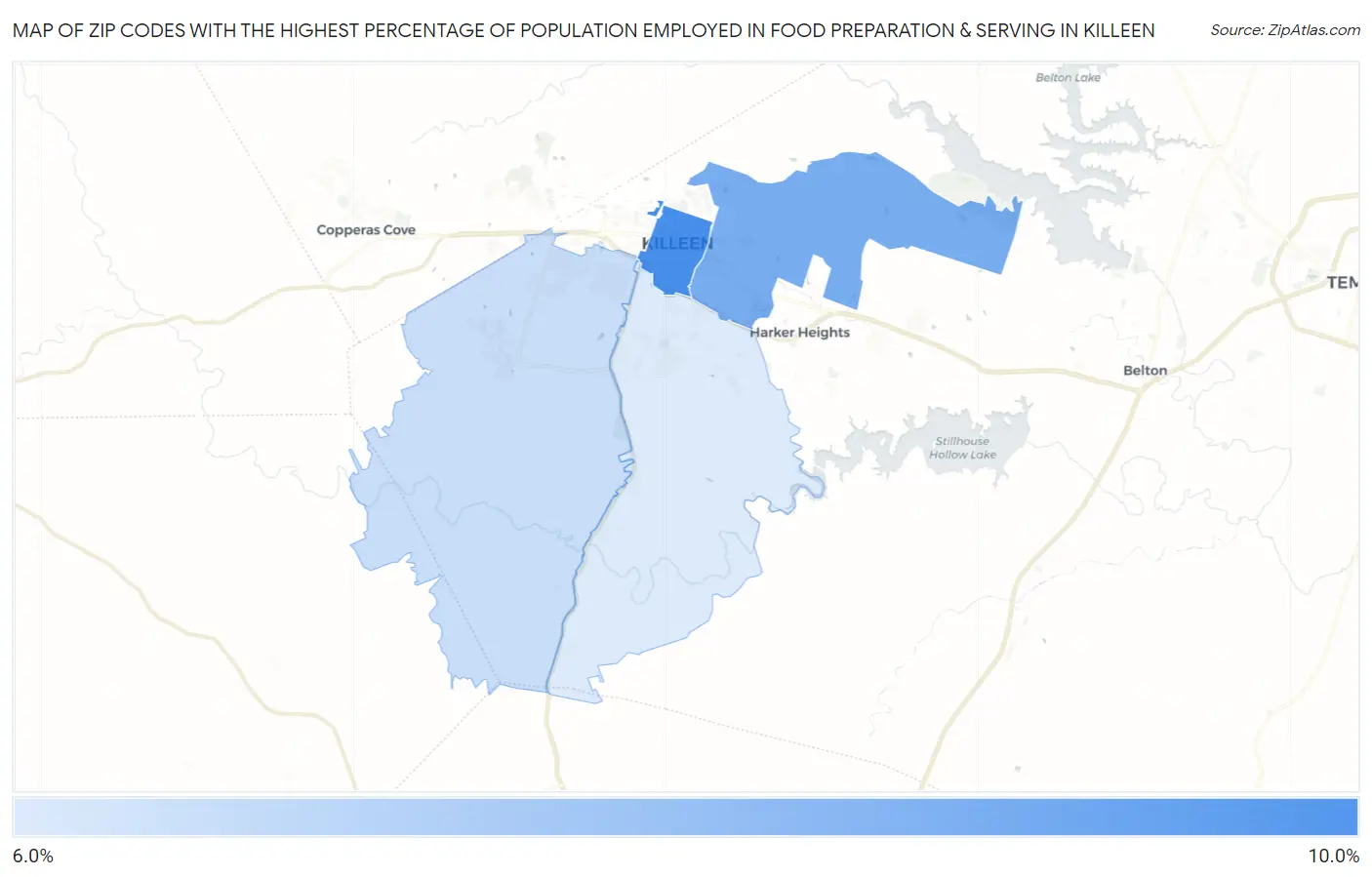 Zip Codes with the Highest Percentage of Population Employed in Food Preparation & Serving in Killeen Map