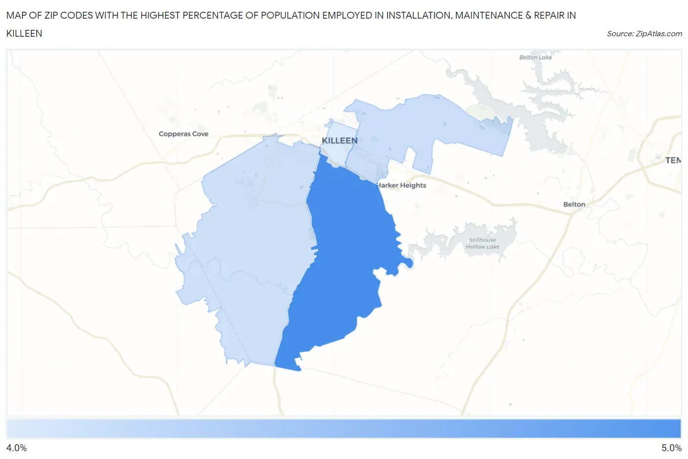 Zip Codes with the Highest Percentage of Population Employed in Installation, Maintenance & Repair in Killeen Map