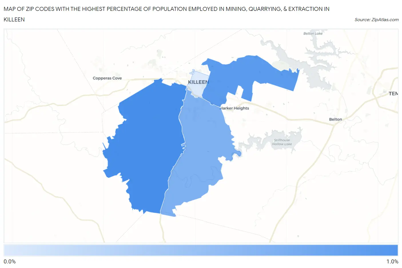 Zip Codes with the Highest Percentage of Population Employed in Mining, Quarrying, & Extraction in Killeen Map