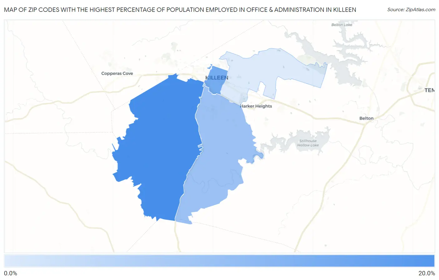 Zip Codes with the Highest Percentage of Population Employed in Office & Administration in Killeen Map