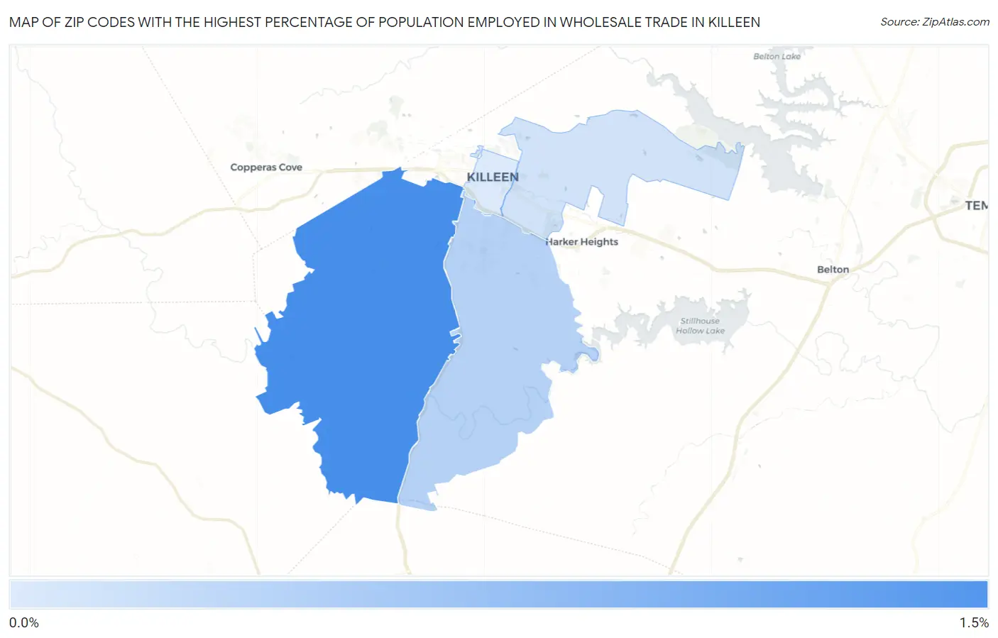 Zip Codes with the Highest Percentage of Population Employed in Wholesale Trade in Killeen Map