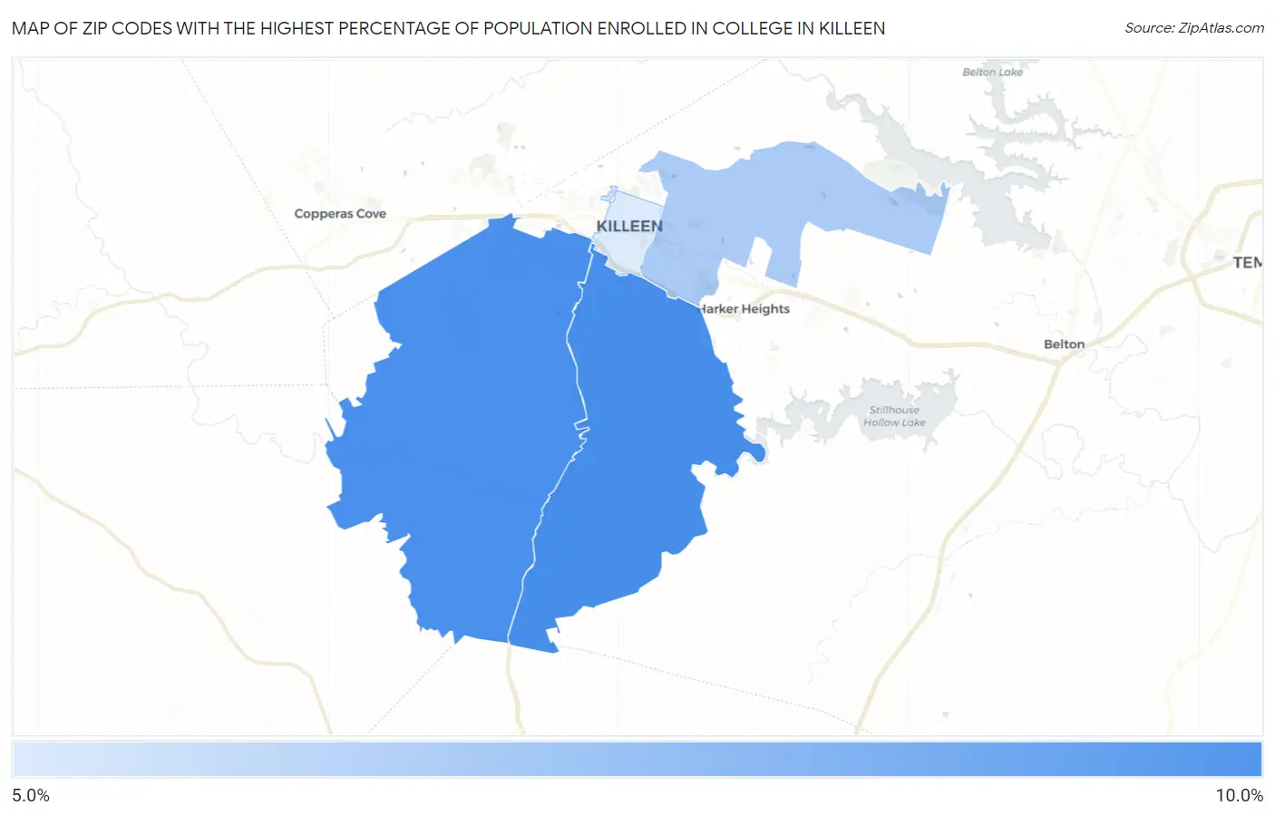 Zip Codes with the Highest Percentage of Population Enrolled in College in Killeen Map