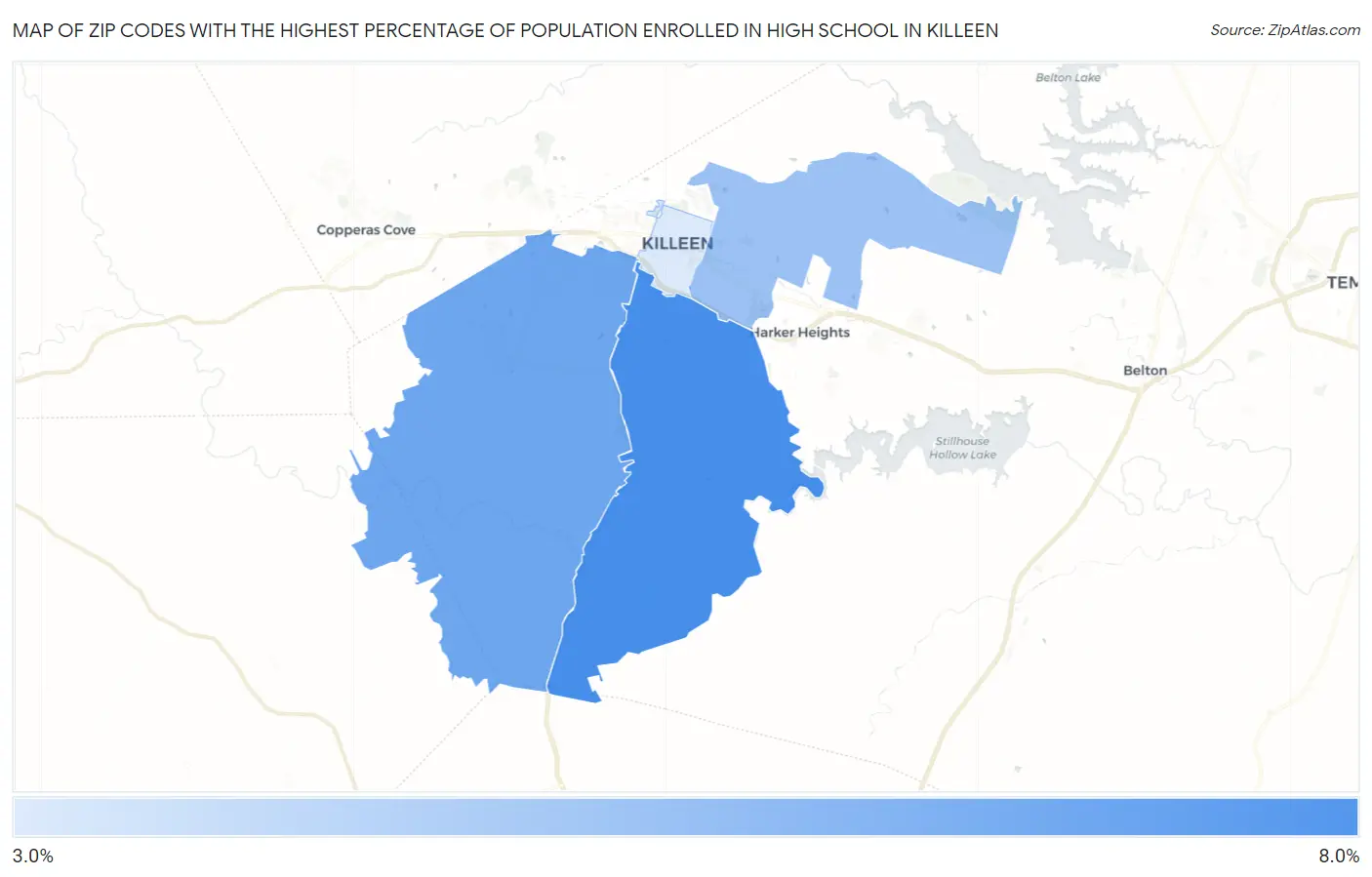 Zip Codes with the Highest Percentage of Population Enrolled in High School in Killeen Map