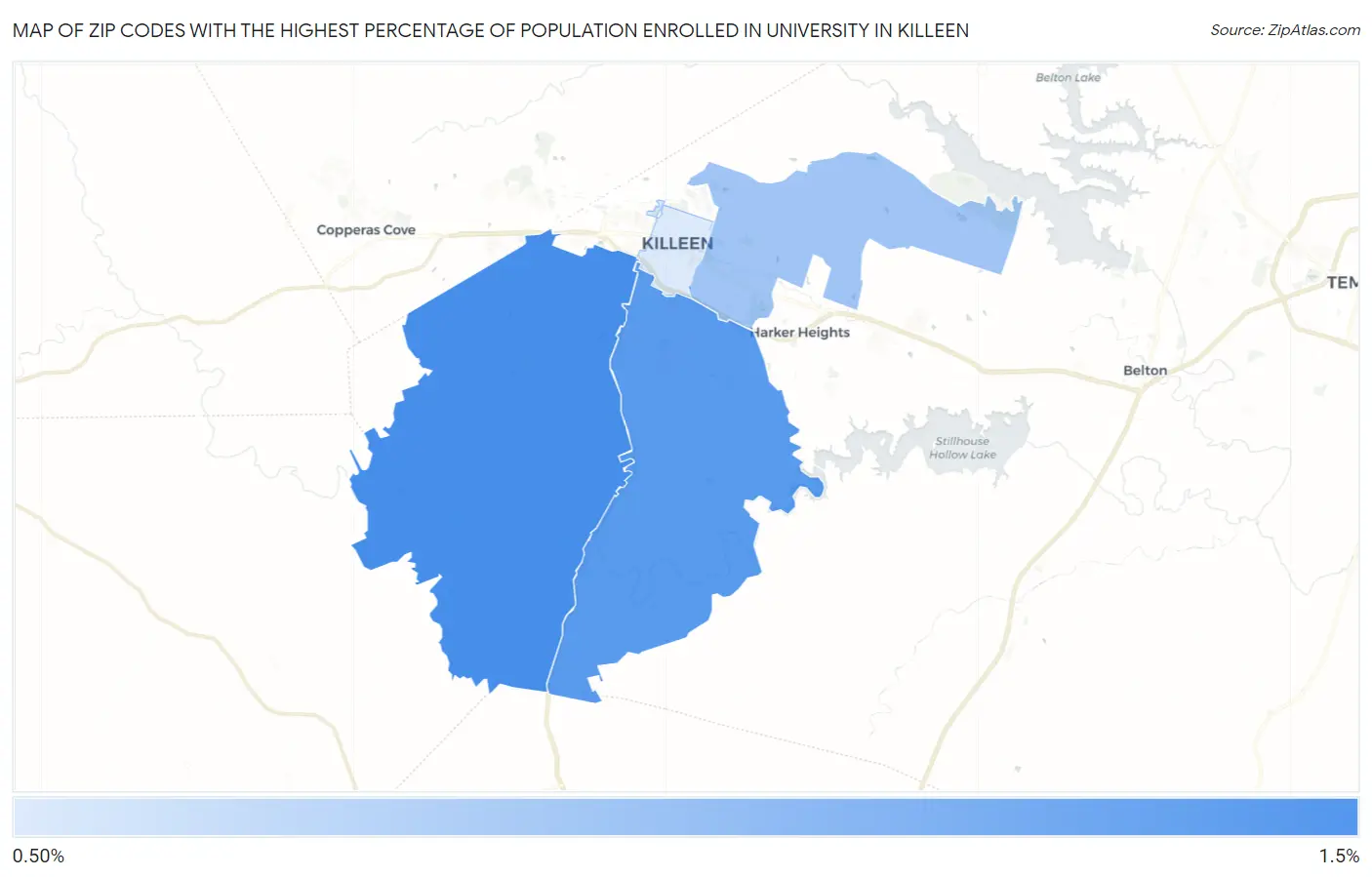 Zip Codes with the Highest Percentage of Population Enrolled in University in Killeen Map
