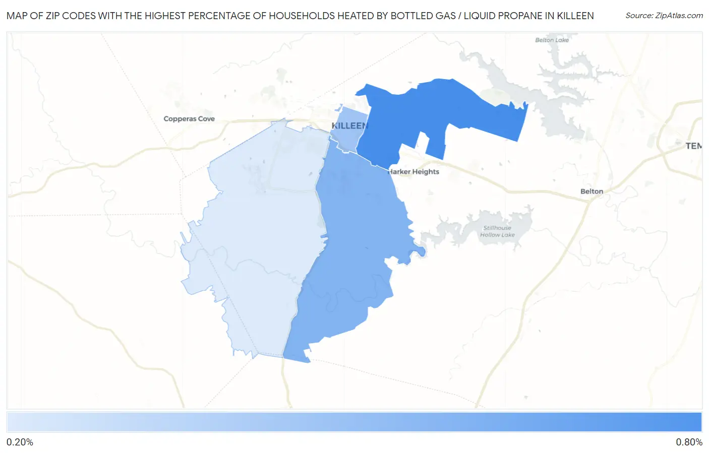 Zip Codes with the Highest Percentage of Households Heated by Bottled Gas / Liquid Propane in Killeen Map