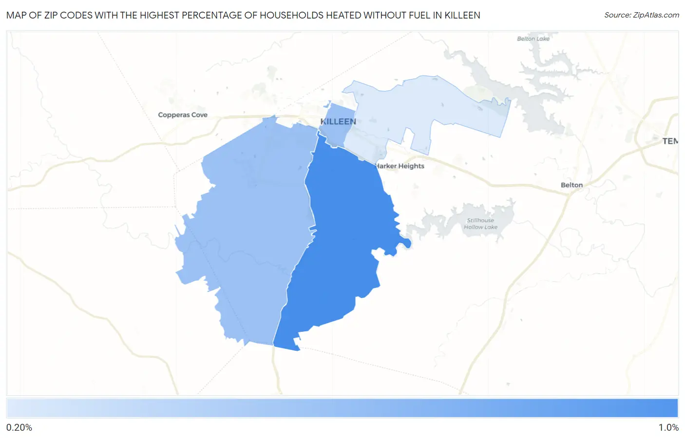 Zip Codes with the Highest Percentage of Households Heated without Fuel in Killeen Map