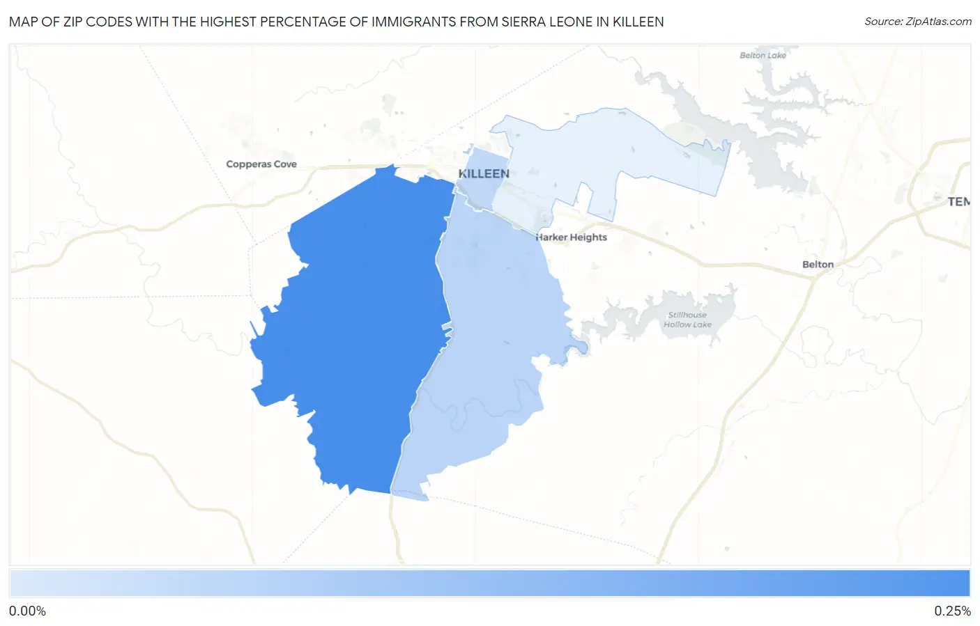 Zip Codes with the Highest Percentage of Immigrants from Sierra Leone in Killeen Map