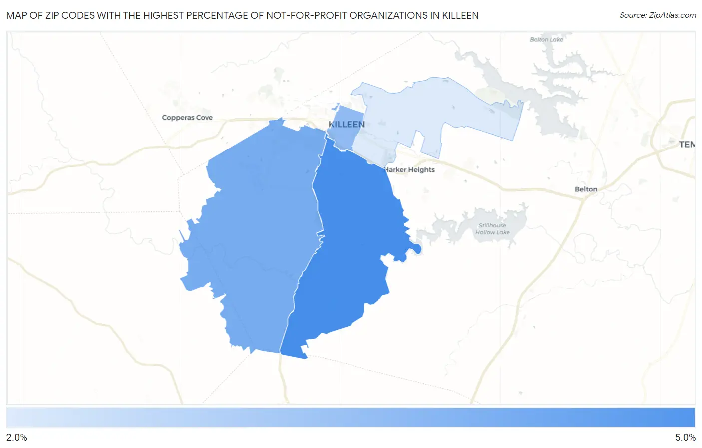Zip Codes with the Highest Percentage of Not-for-profit Organizations in Killeen Map