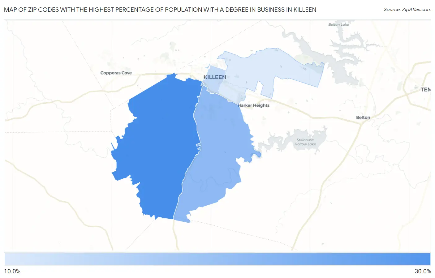 Zip Codes with the Highest Percentage of Population with a Degree in Business in Killeen Map