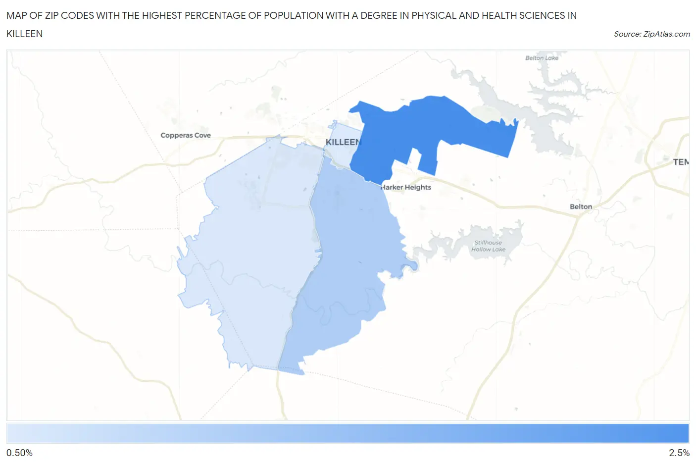Zip Codes with the Highest Percentage of Population with a Degree in Physical and Health Sciences in Killeen Map