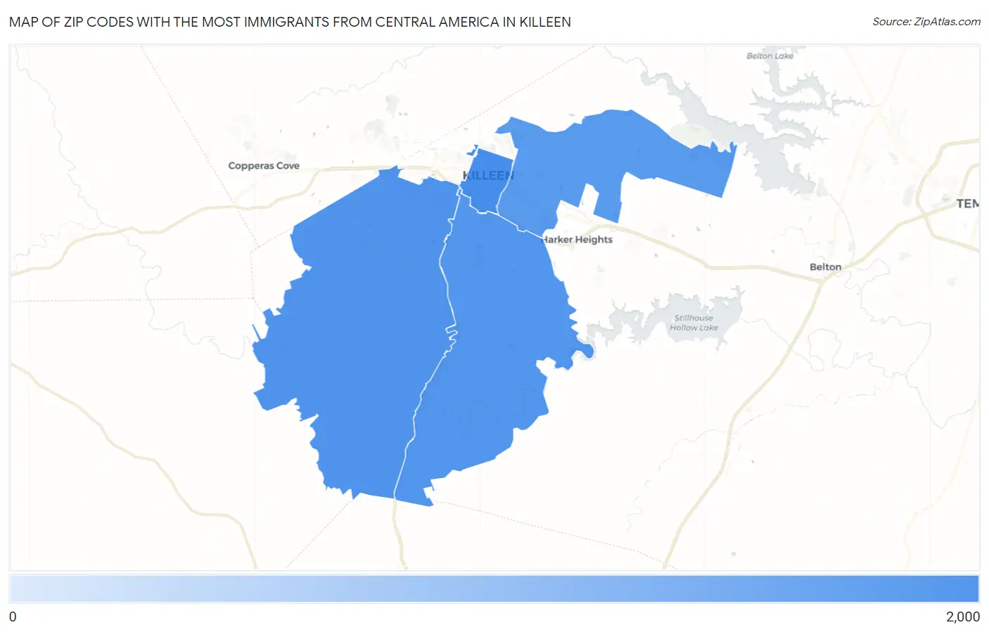 Zip Codes with the Most Immigrants from Central America in Killeen Map
