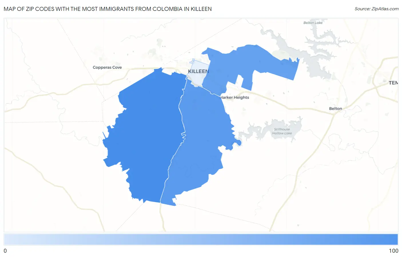 Zip Codes with the Most Immigrants from Colombia in Killeen Map