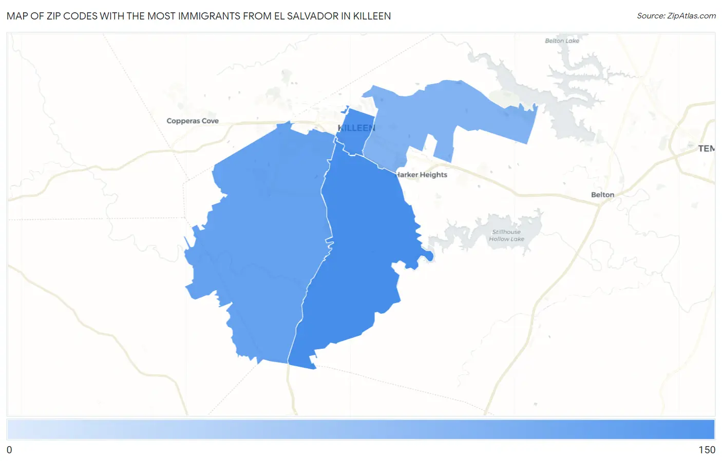 Zip Codes with the Most Immigrants from El Salvador in Killeen Map