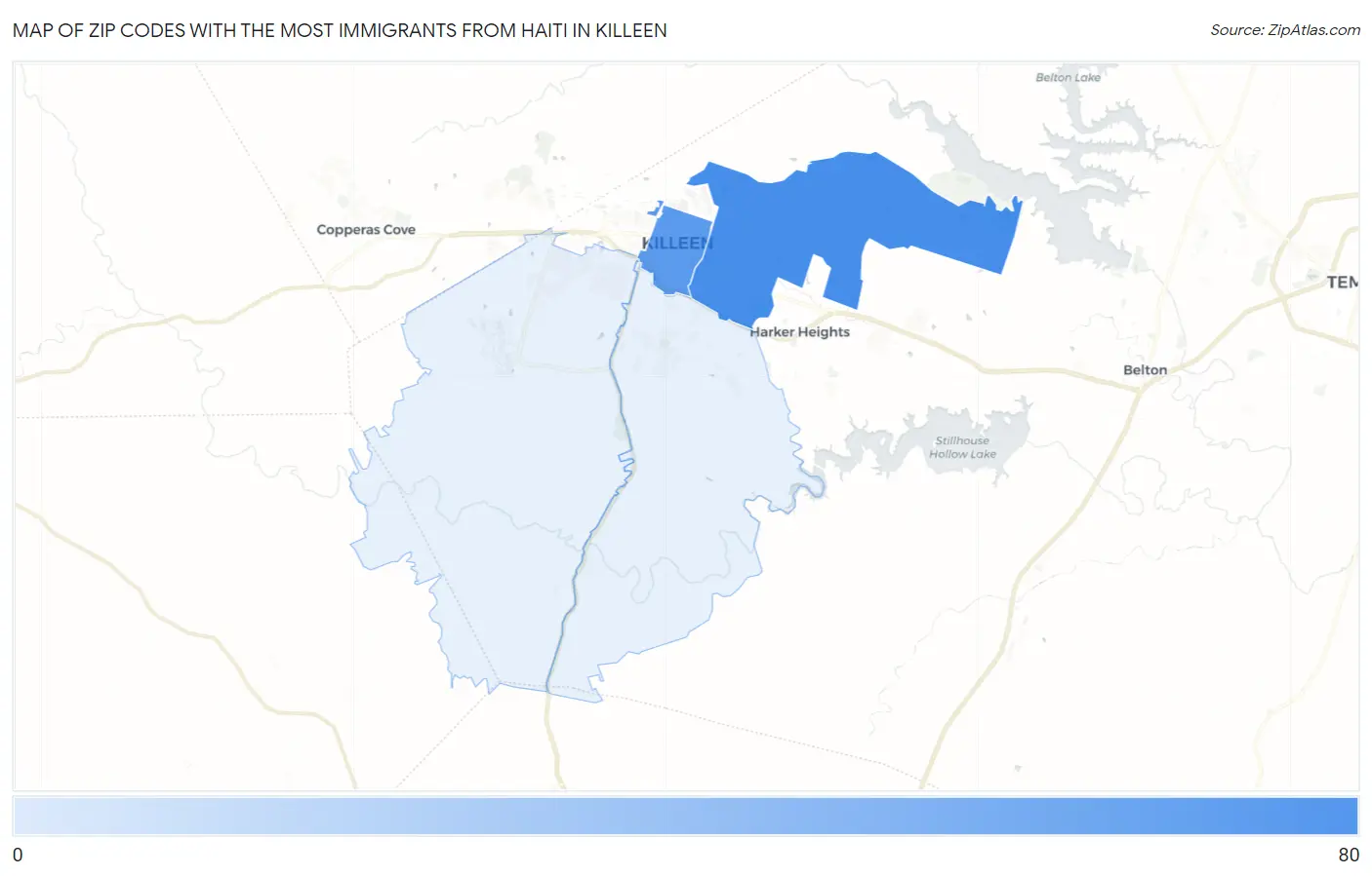 Zip Codes with the Most Immigrants from Haiti in Killeen Map
