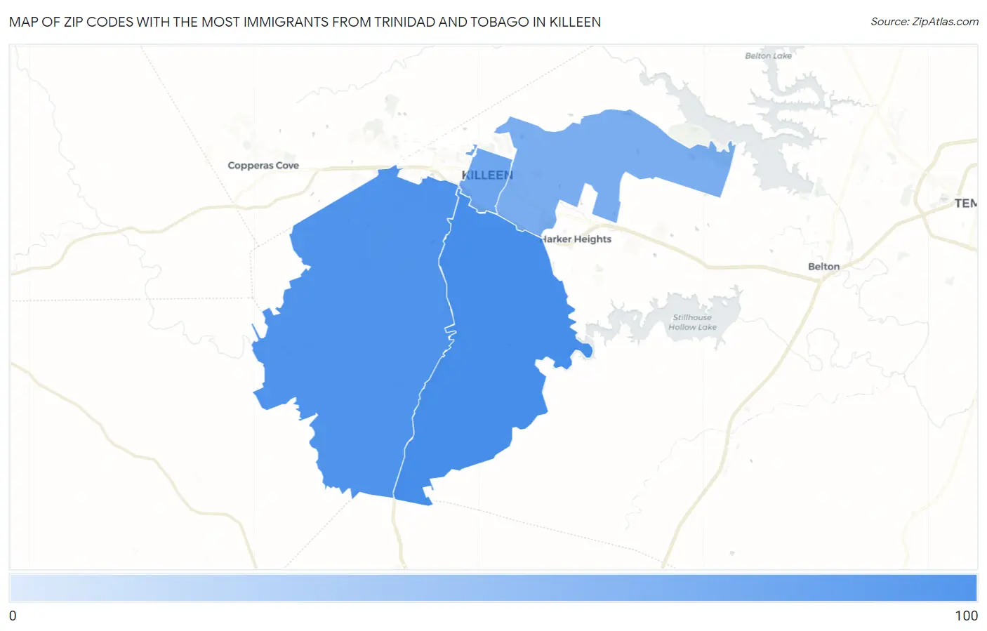 Zip Codes with the Most Immigrants from Trinidad and Tobago in Killeen Map