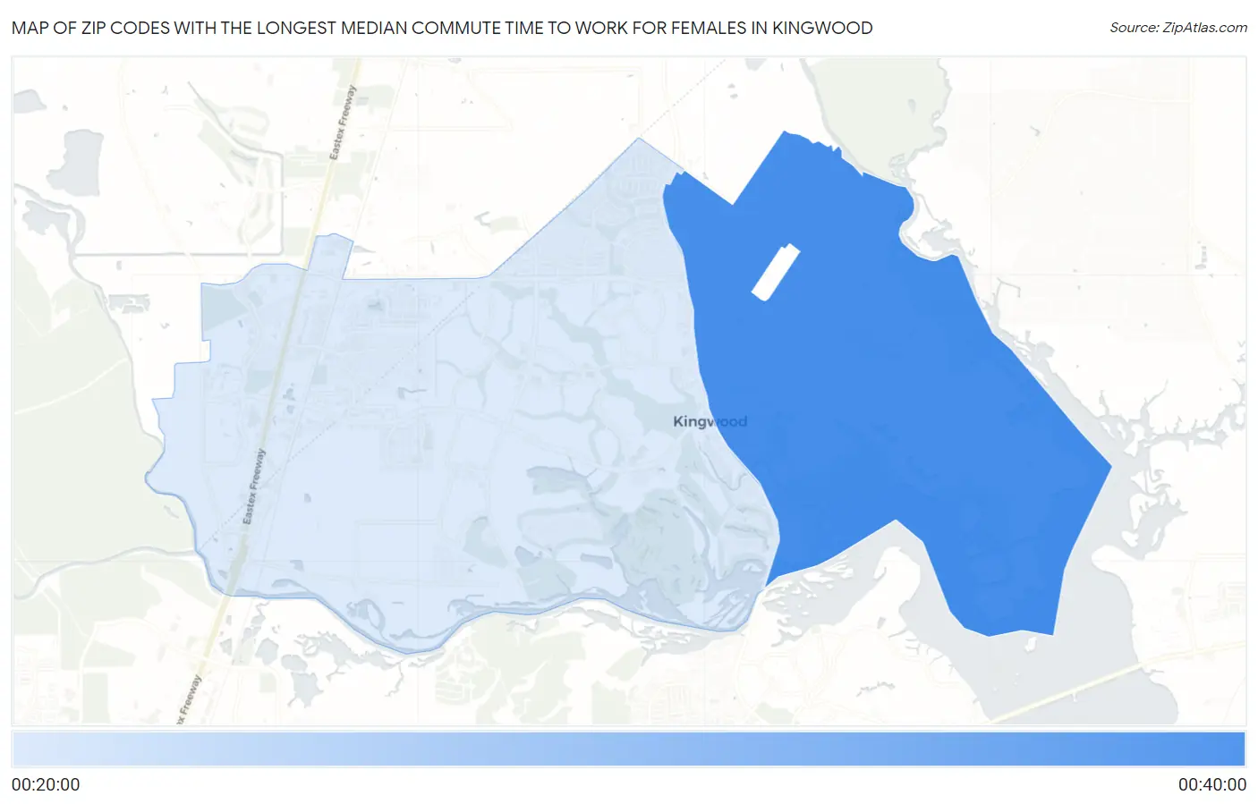 Zip Codes with the Longest Median Commute Time to Work for Females in Kingwood Map