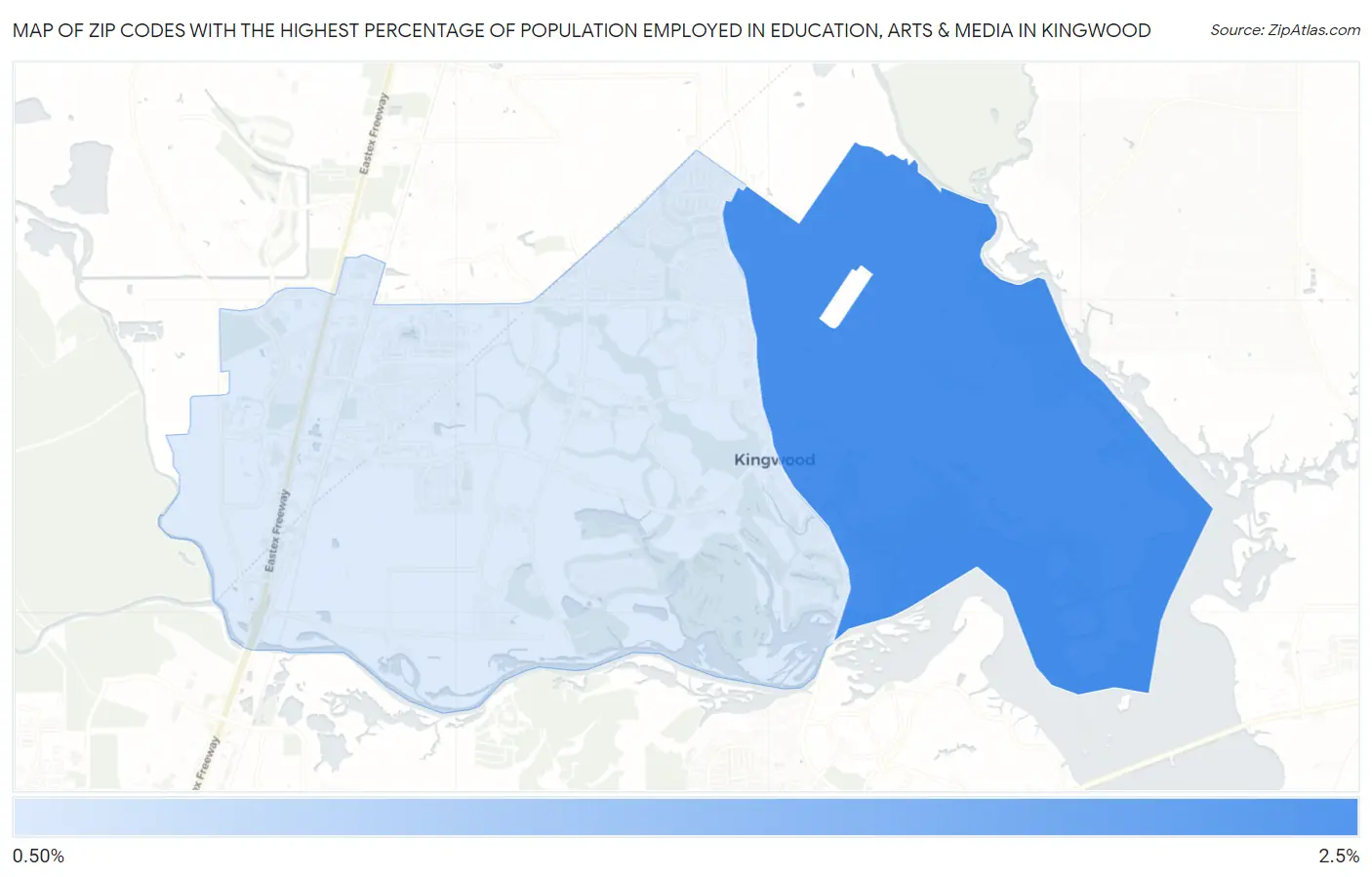 Zip Codes with the Highest Percentage of Population Employed in Education, Arts & Media in Kingwood Map