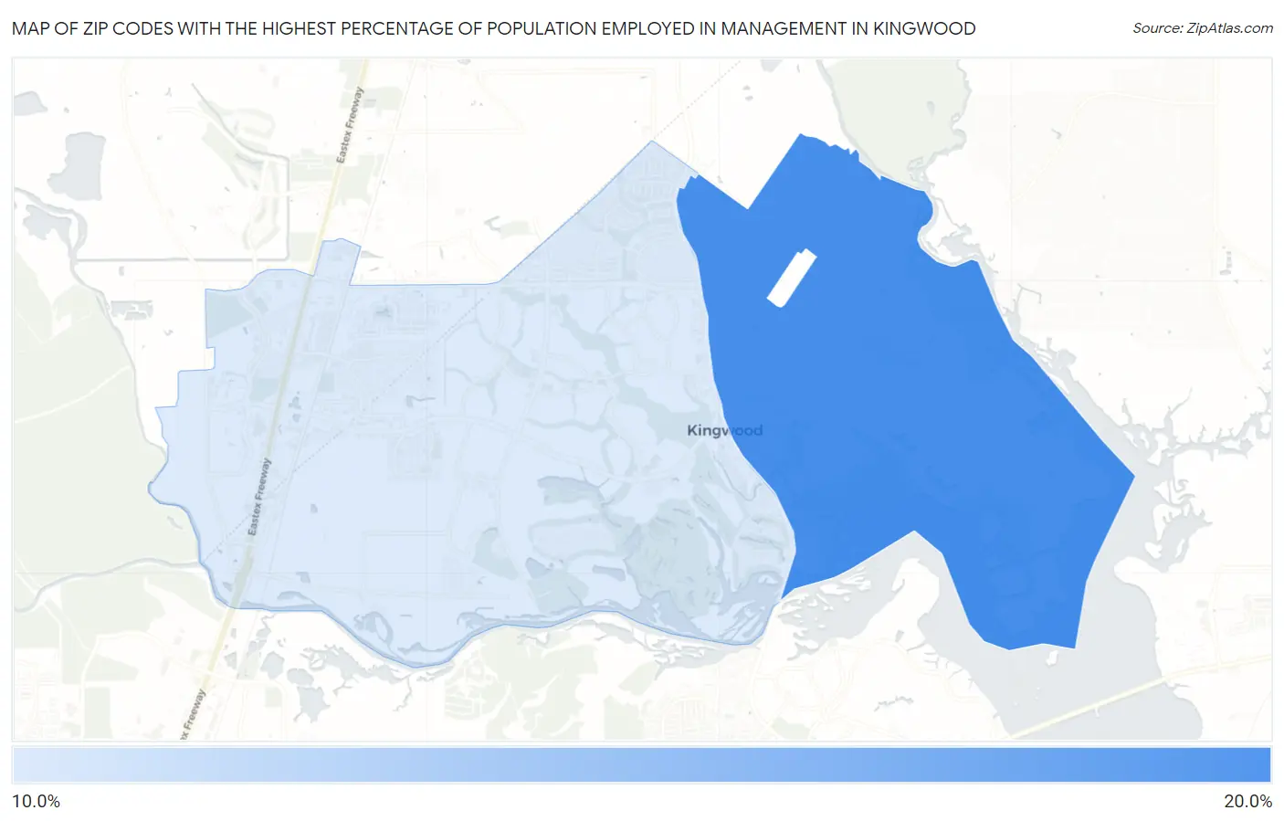 Zip Codes with the Highest Percentage of Population Employed in Management in Kingwood Map
