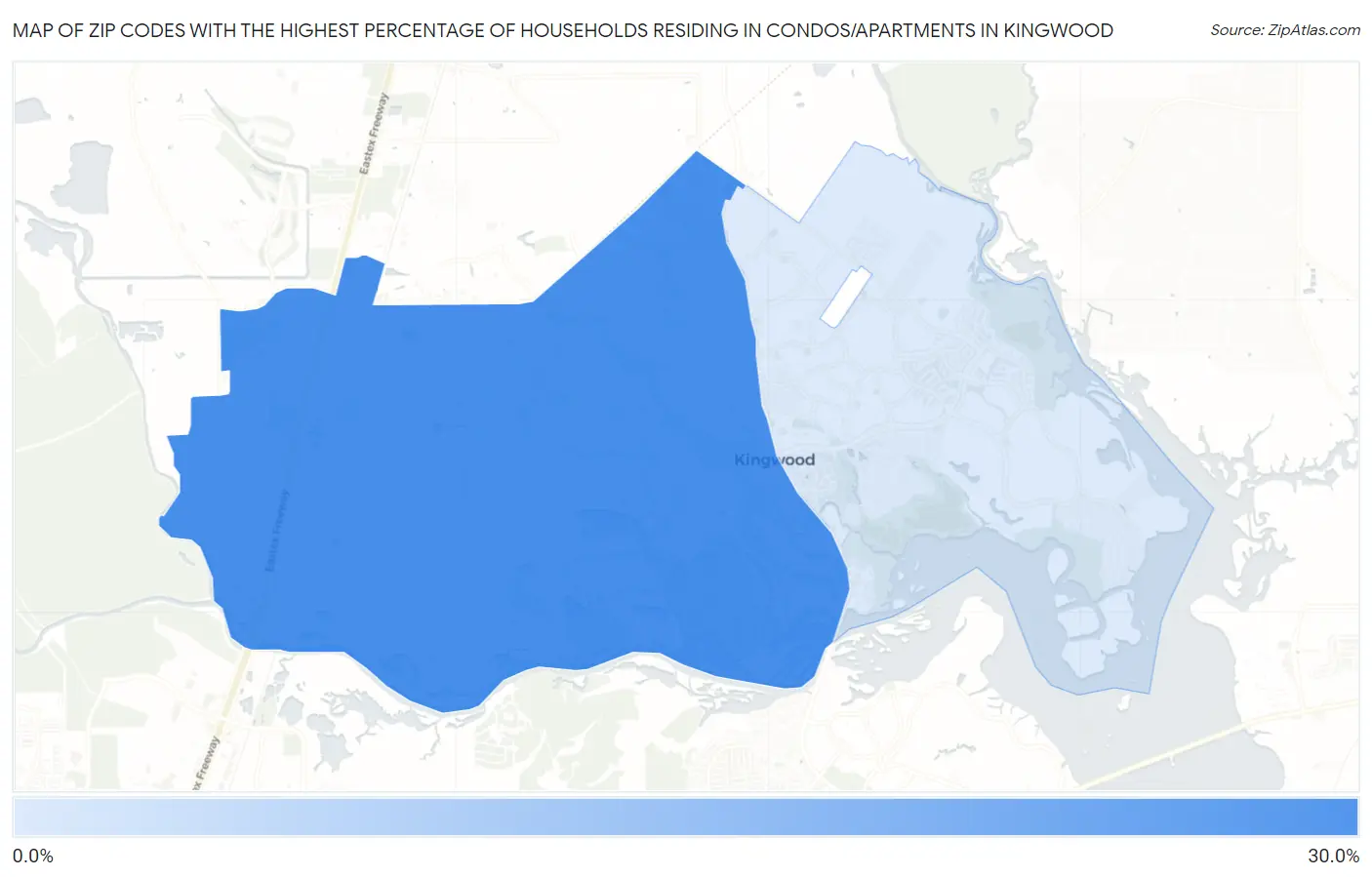 Zip Codes with the Highest Percentage of Households Residing in Condos/Apartments in Kingwood Map
