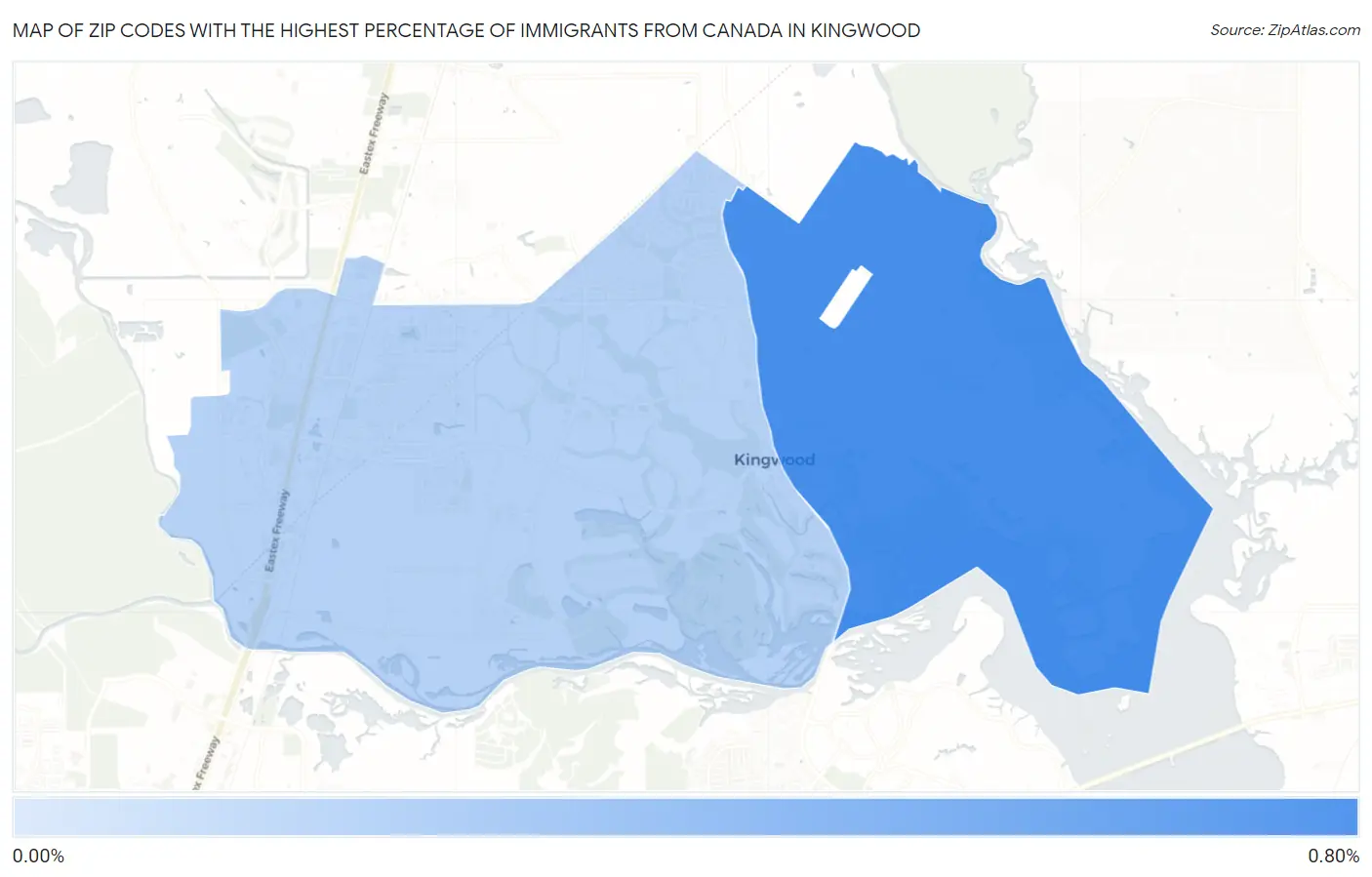 Zip Codes with the Highest Percentage of Immigrants from Canada in Kingwood Map