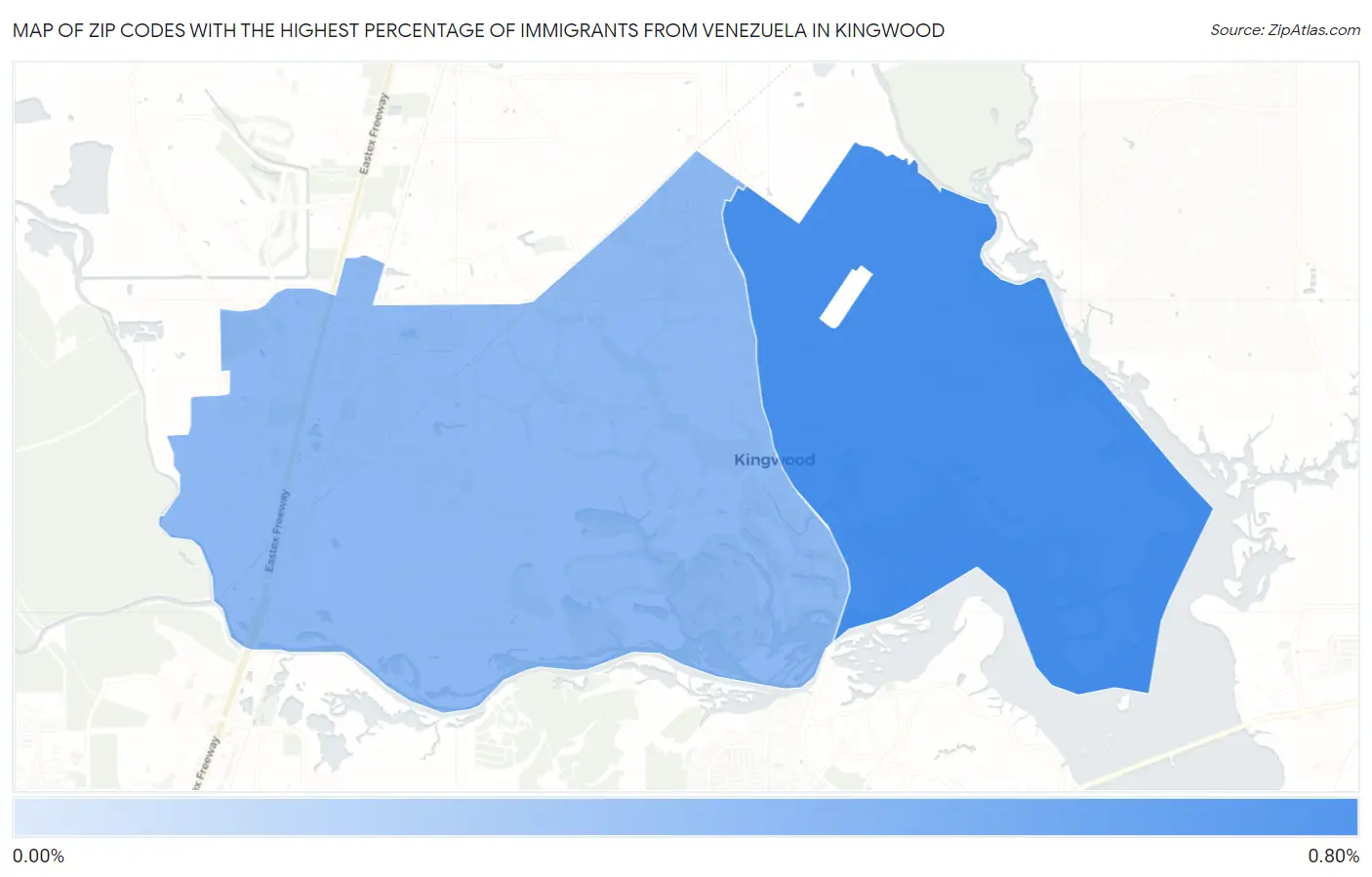 Zip Codes with the Highest Percentage of Immigrants from Venezuela in Kingwood Map