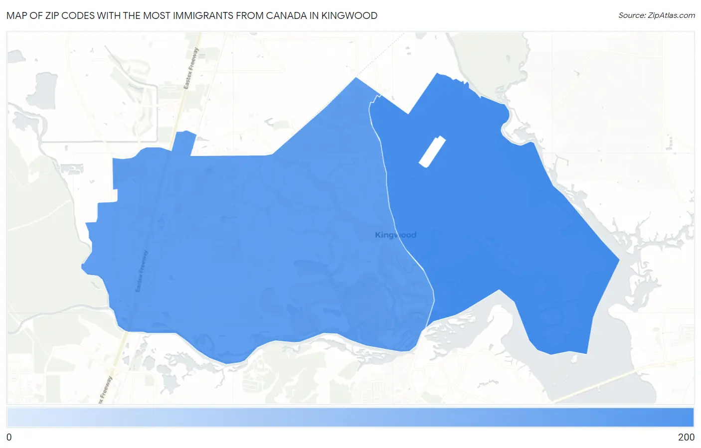 Zip Codes with the Most Immigrants from Canada in Kingwood Map