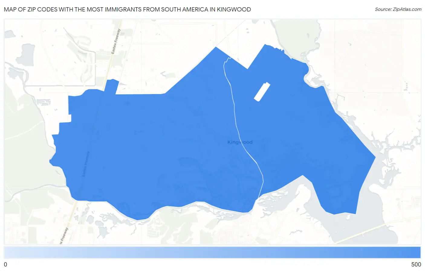 Zip Codes with the Most Immigrants from South America in Kingwood Map