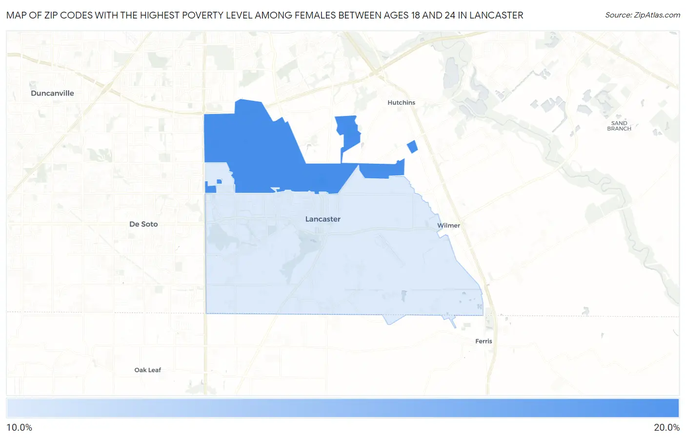 Zip Codes with the Highest Poverty Level Among Females Between Ages 18 and 24 in Lancaster Map