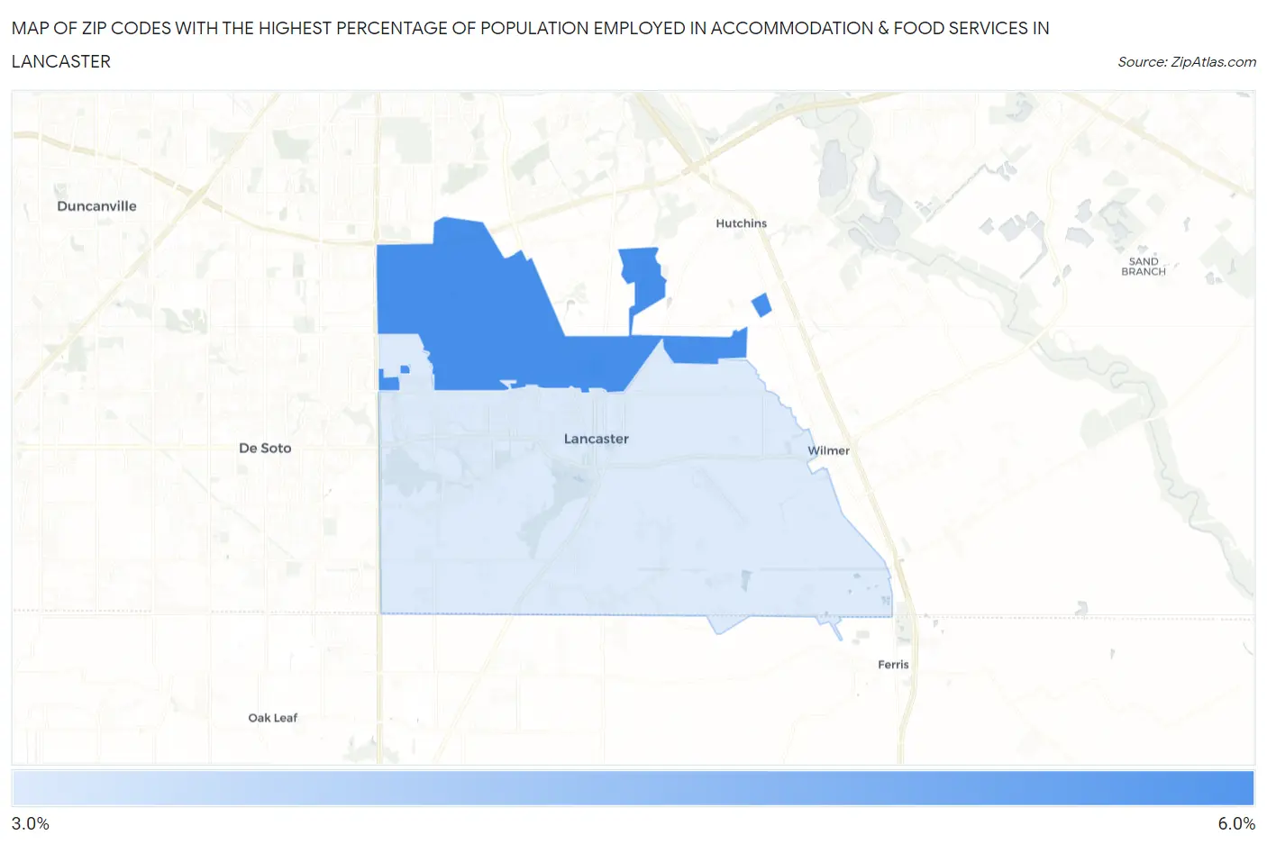 Zip Codes with the Highest Percentage of Population Employed in Accommodation & Food Services in Lancaster Map