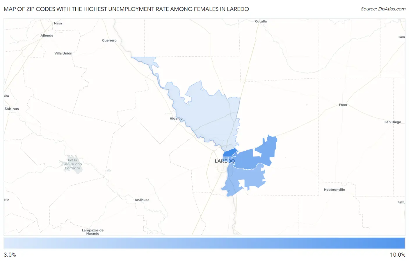 Zip Codes with the Highest Unemployment Rate Among Females in Laredo Map