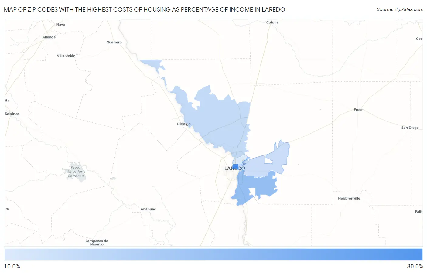 Zip Codes with the Highest Costs of Housing as Percentage of Income in Laredo Map