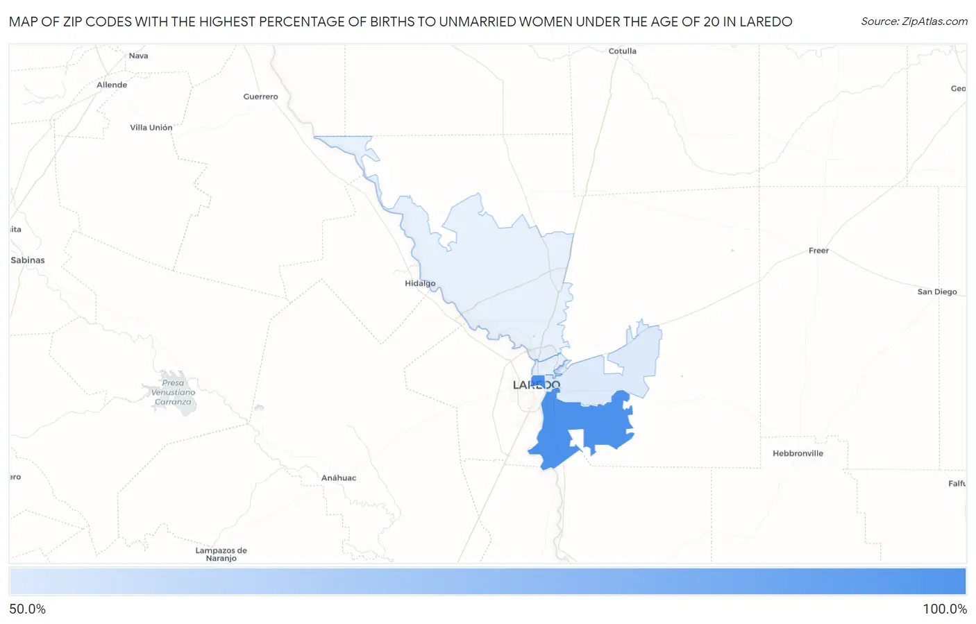 Zip Codes with the Highest Percentage of Births to Unmarried Women under the Age of 20 in Laredo Map