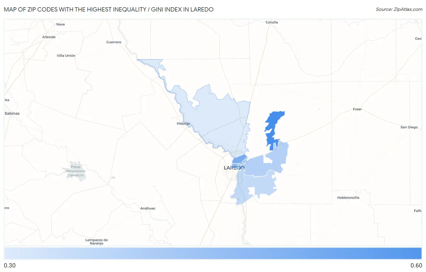 Zip Codes with the Highest Inequality / Gini Index in Laredo Map