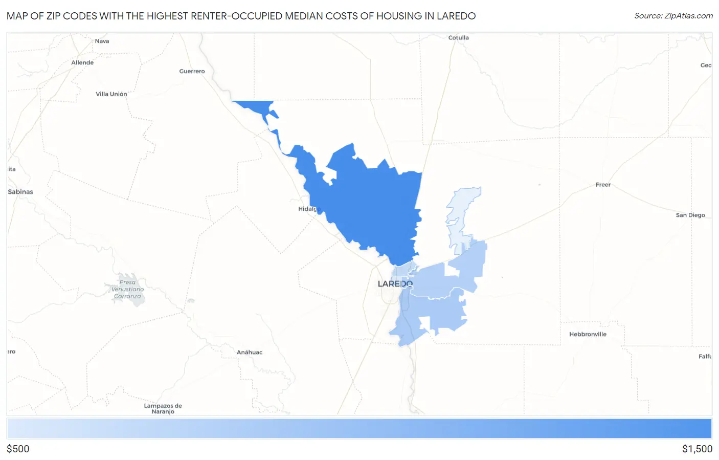 Zip Codes with the Highest Renter-Occupied Median Costs of Housing in Laredo Map