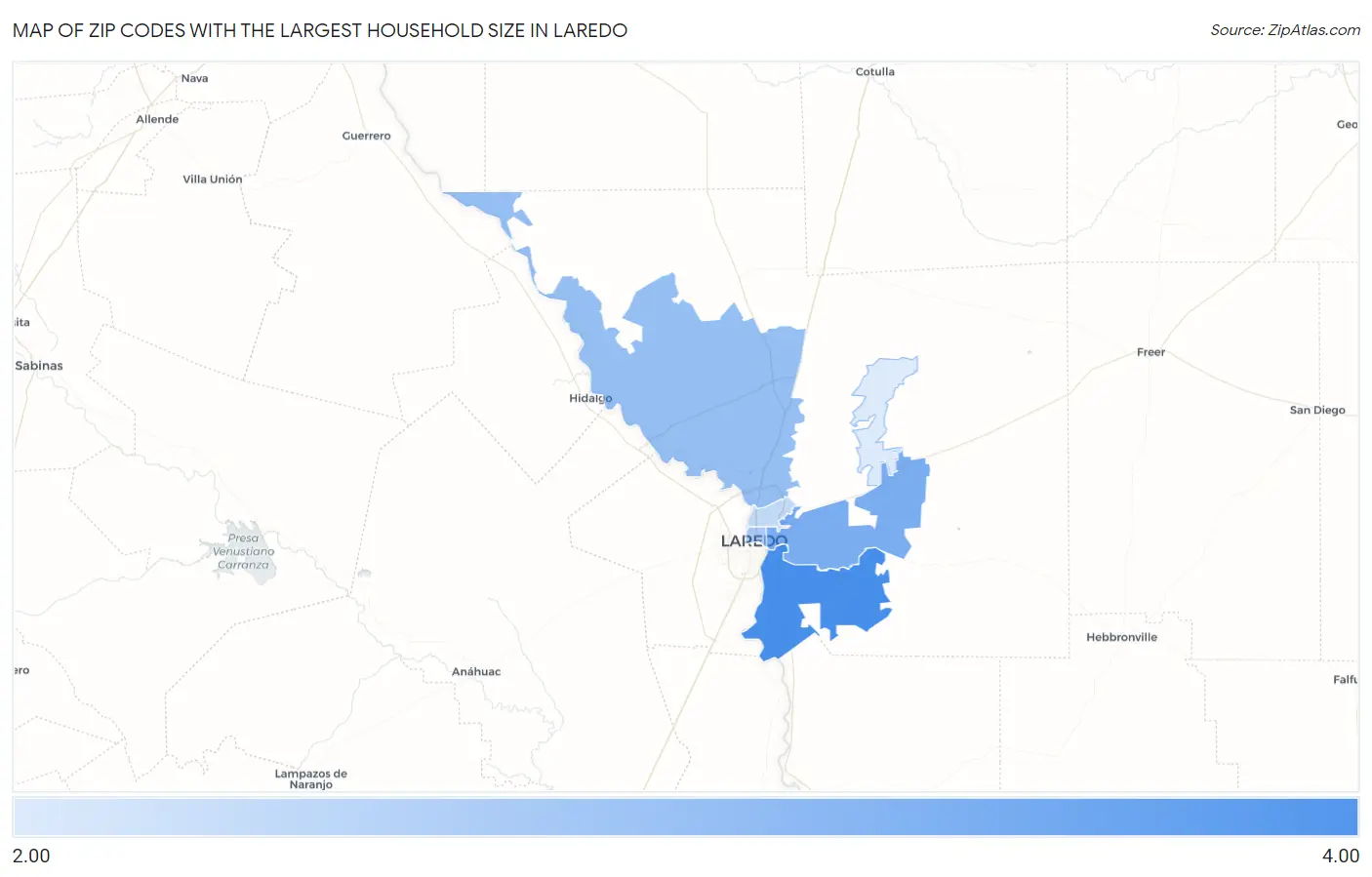 Zip Codes with the Largest Household Size in Laredo Map