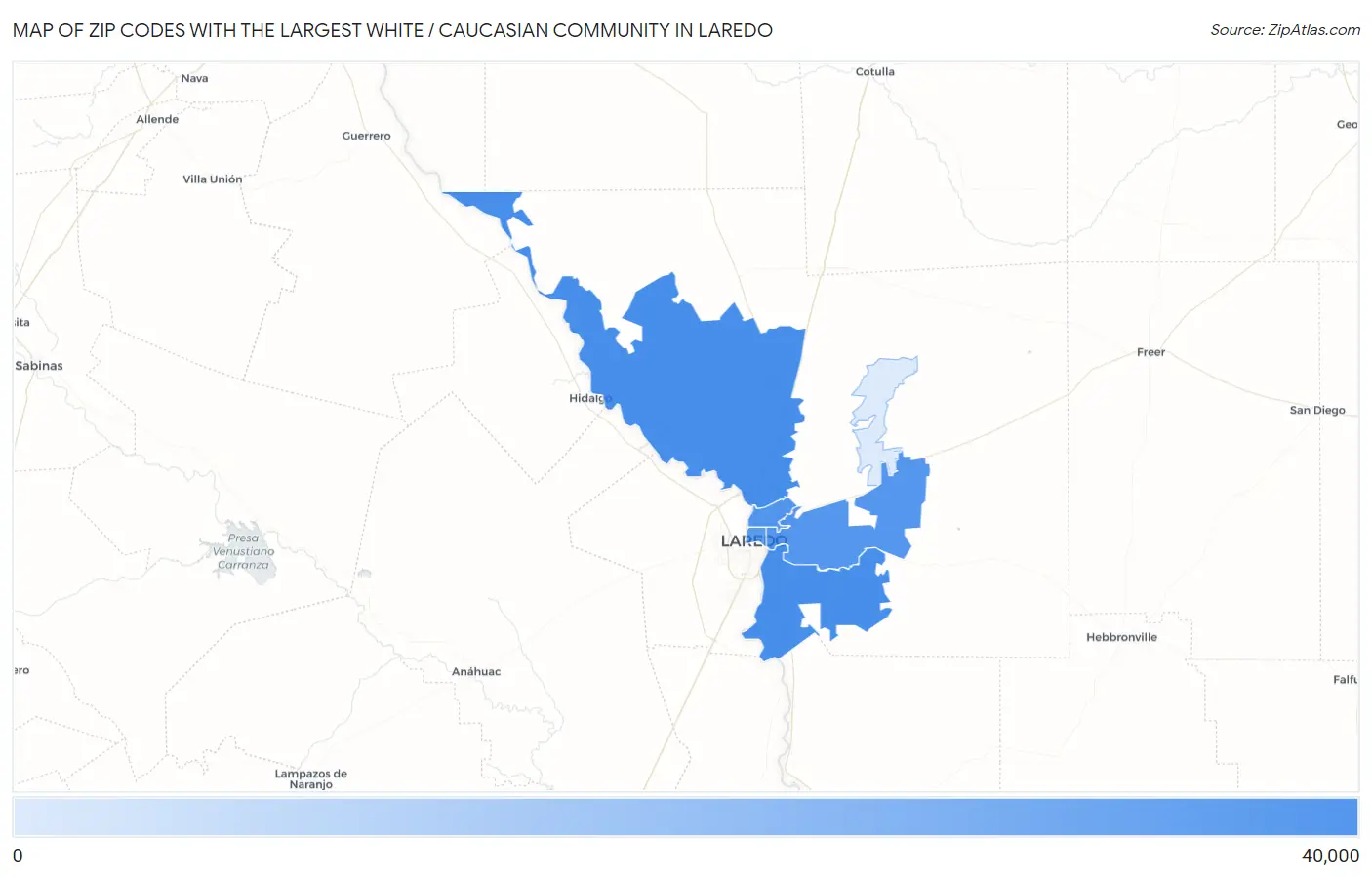 Zip Codes with the Largest White / Caucasian Community in Laredo Map