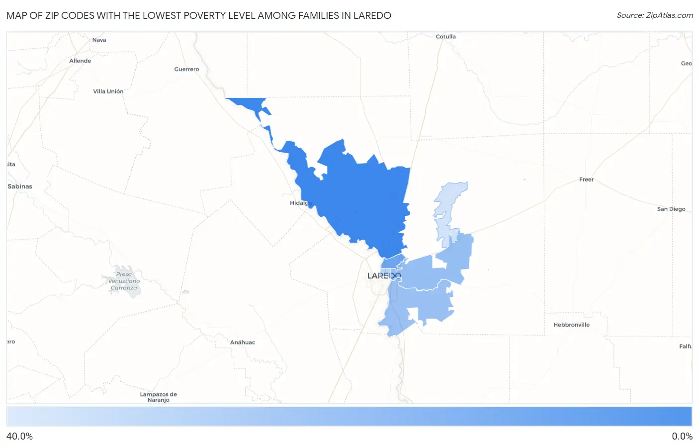 Zip Codes with the Lowest Poverty Level Among Families in Laredo Map