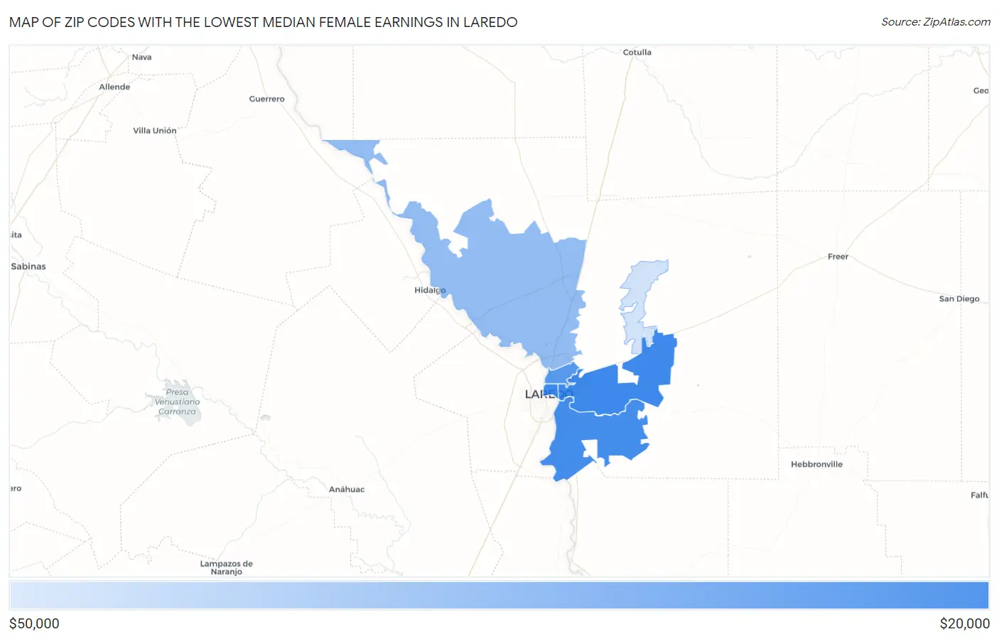 Zip Codes with the Lowest Median Female Earnings in Laredo Map