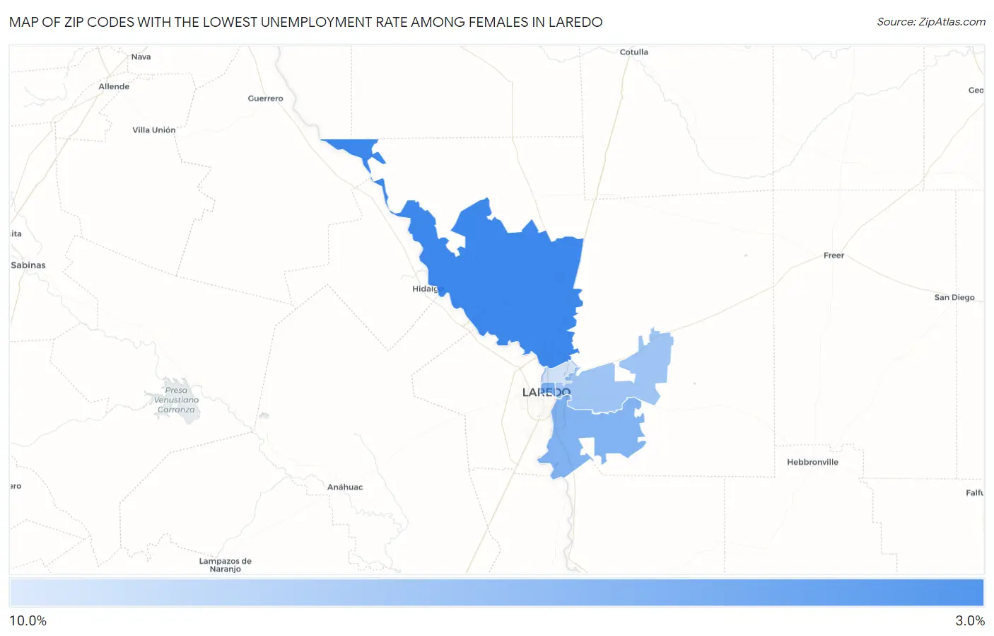Zip Codes with the Lowest Unemployment Rate Among Females in Laredo Map