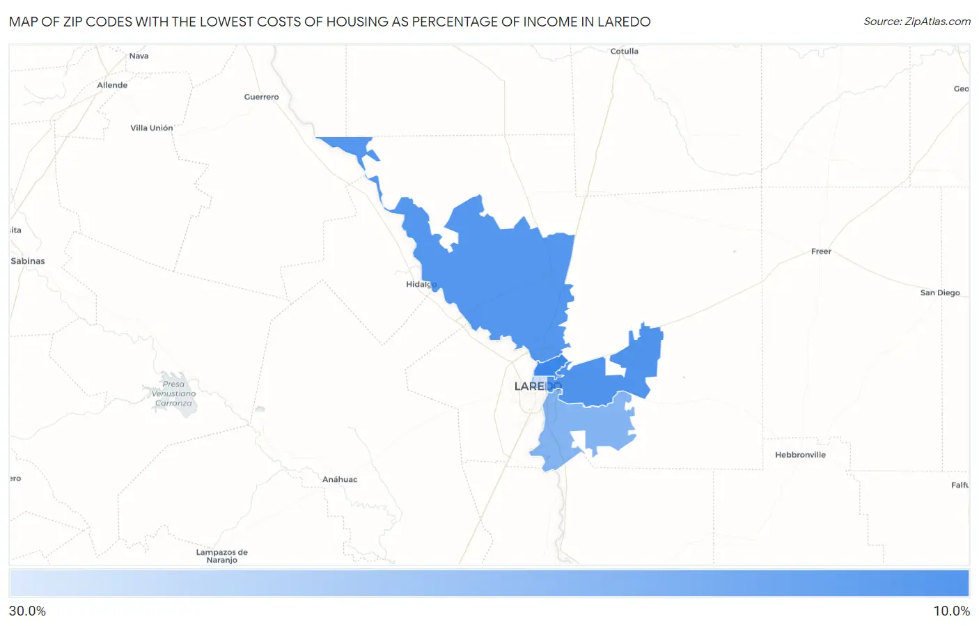 Zip Codes with the Lowest Costs of Housing as Percentage of Income in Laredo Map