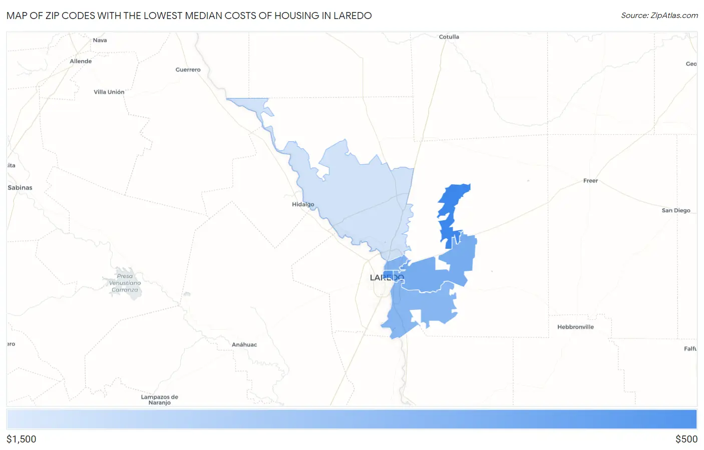 Zip Codes with the Lowest Median Costs of Housing in Laredo Map