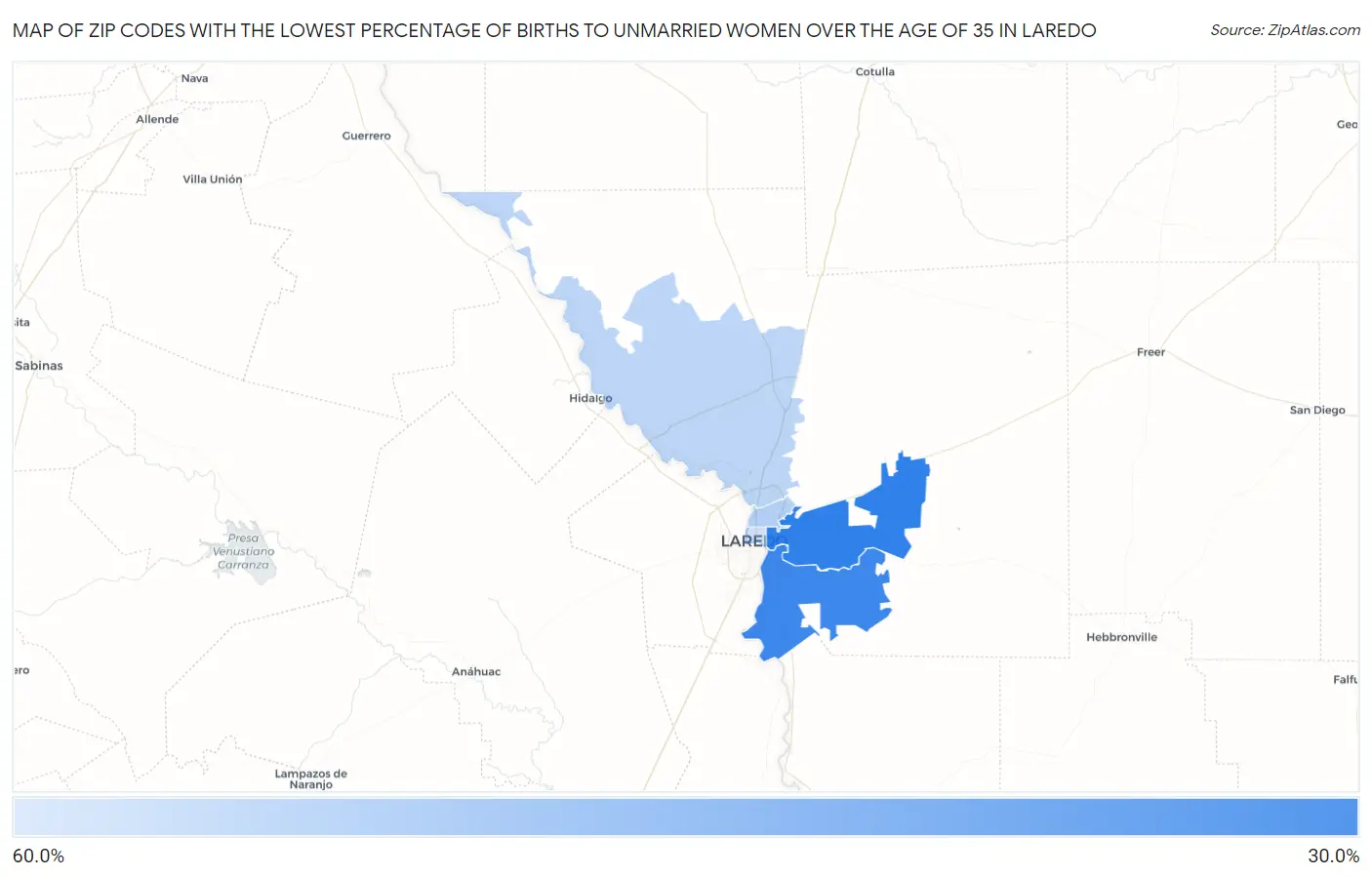 Zip Codes with the Lowest Percentage of Births to Unmarried Women over the Age of 35 in Laredo Map