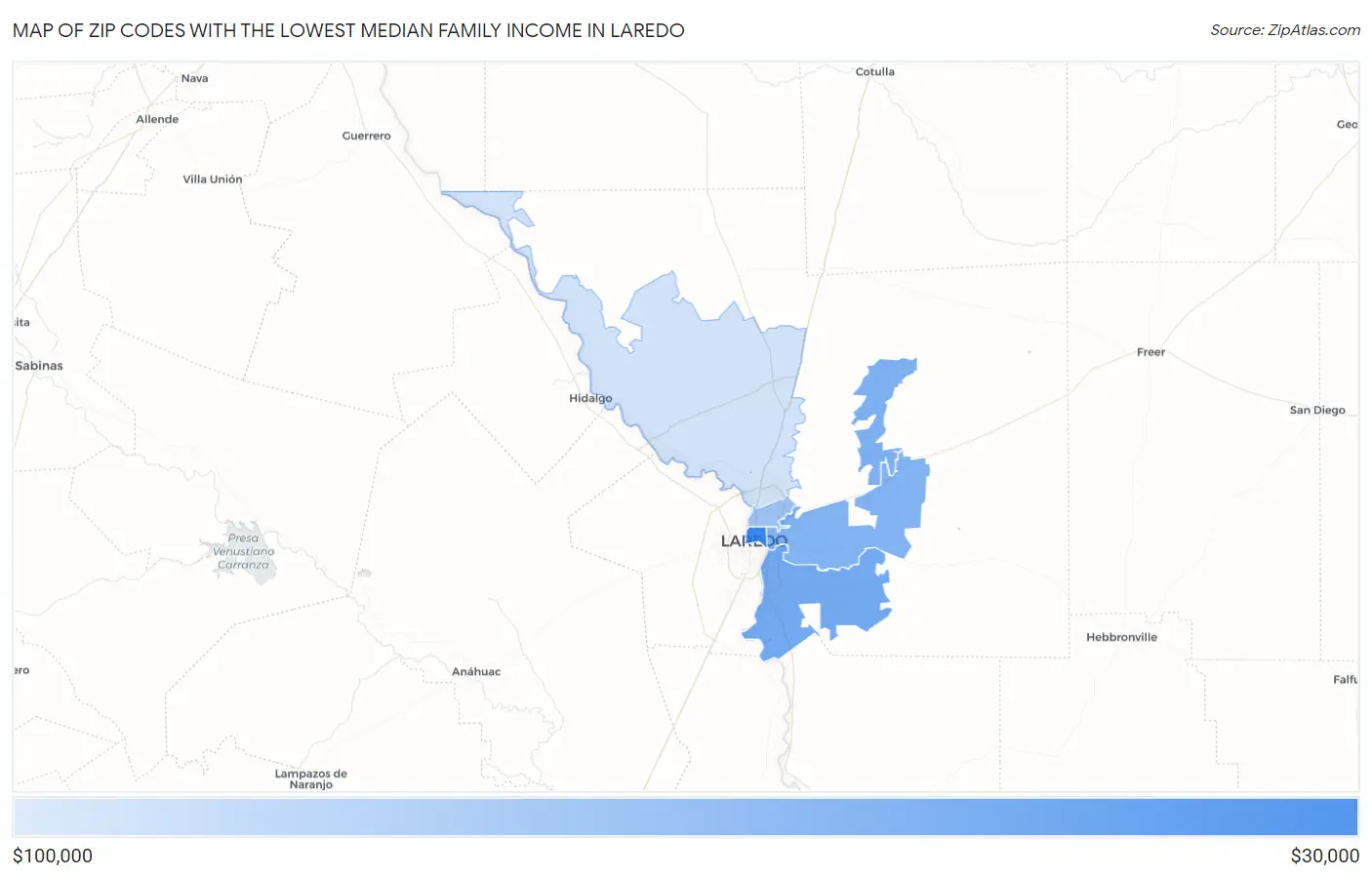 Zip Codes with the Lowest Median Family Income in Laredo Map