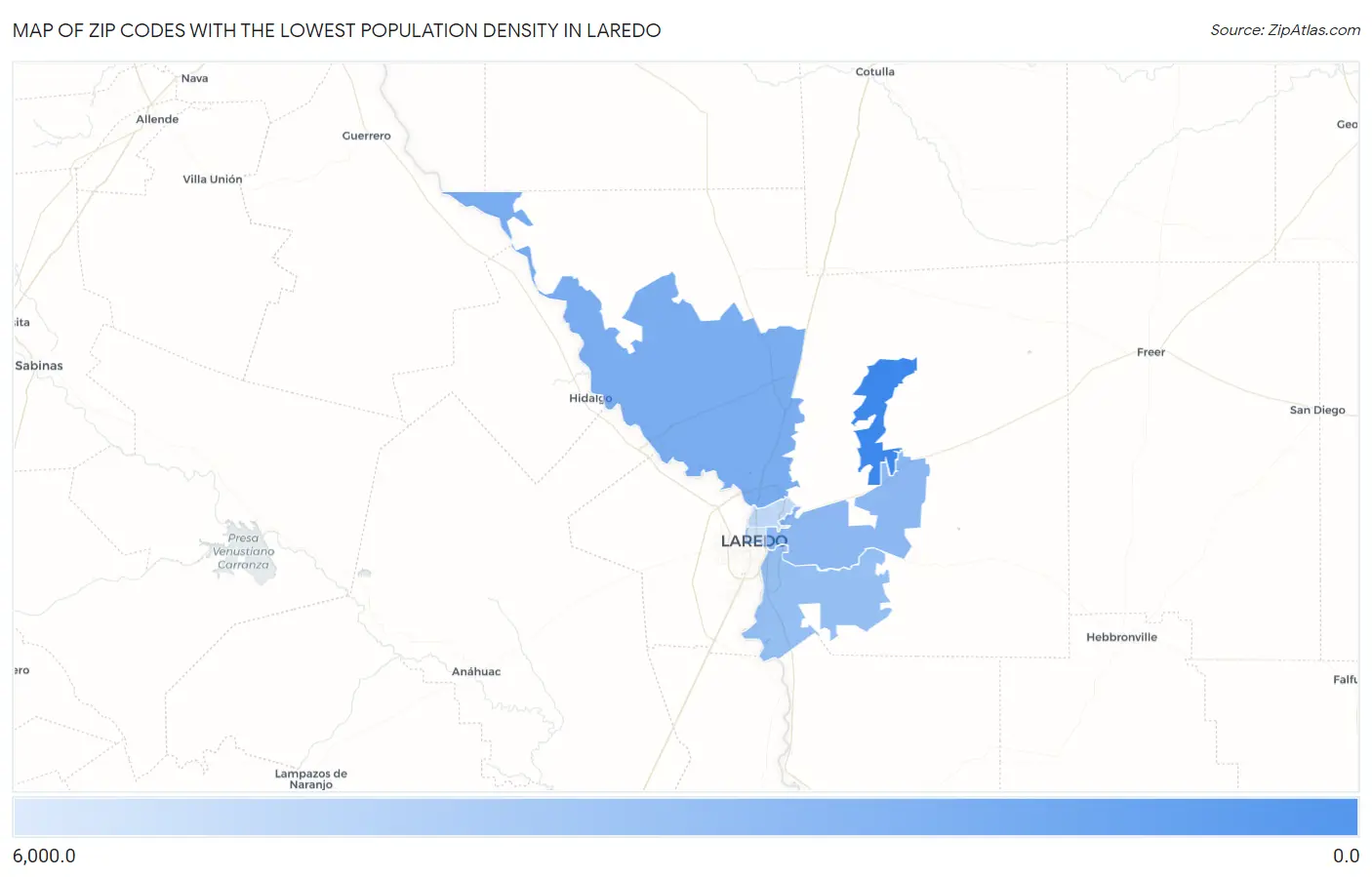 Zip Codes with the Lowest Population Density in Laredo Map